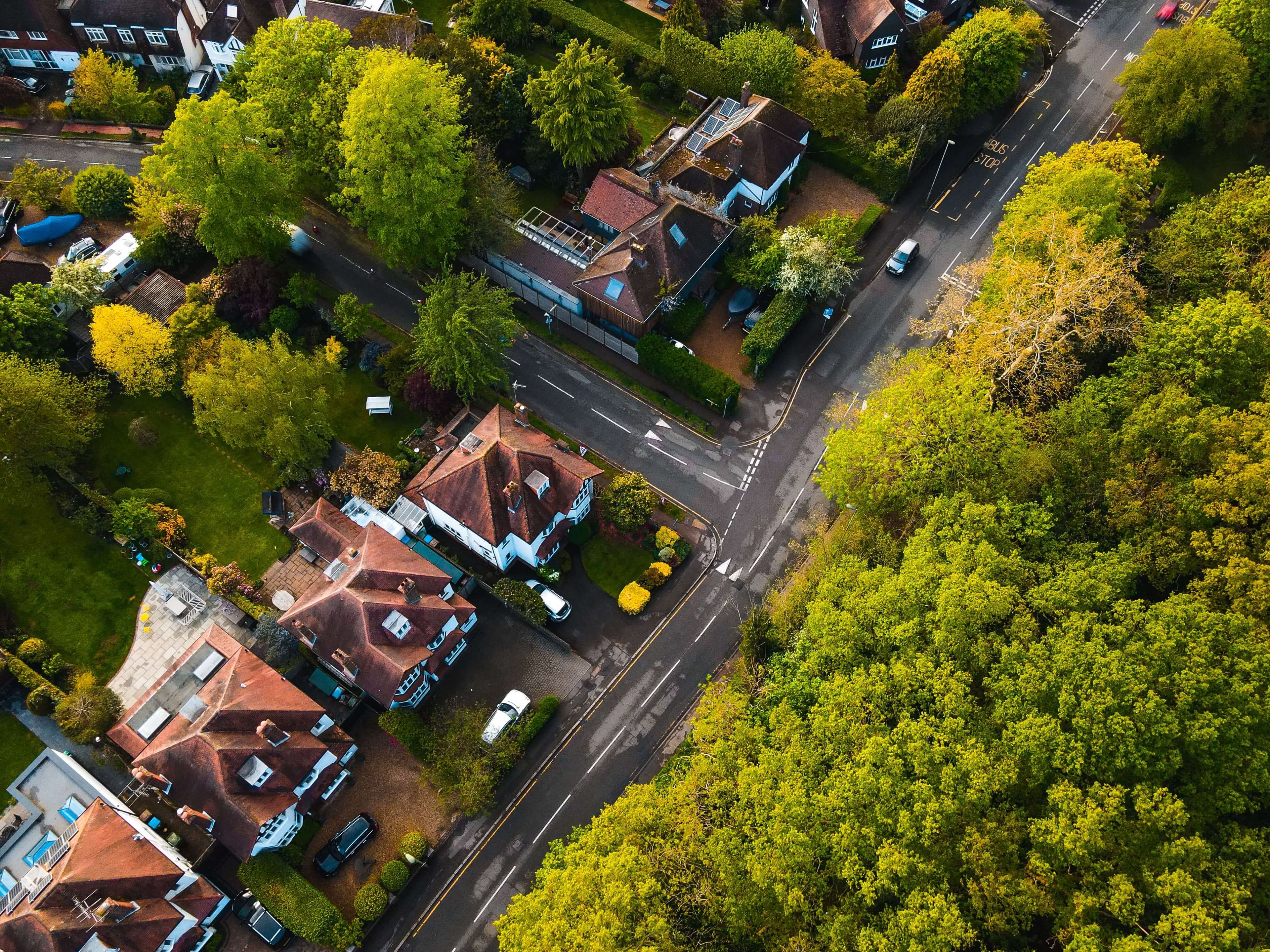 An aerial view of a street of houses and their plots